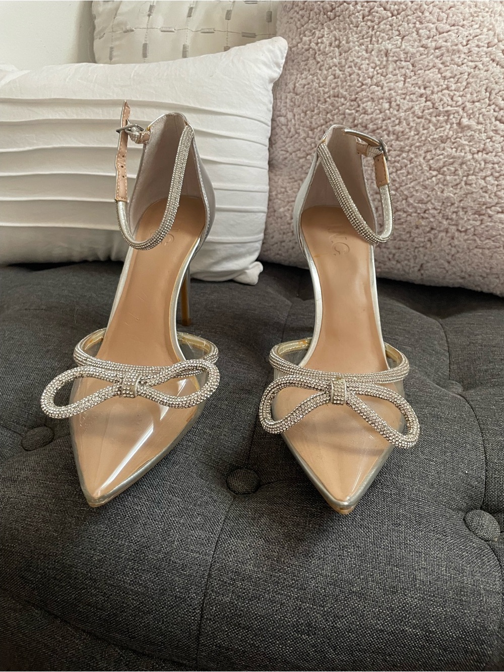 INC International Concepts Nude Patent Pointed-Toe Heels with Crystal Bow